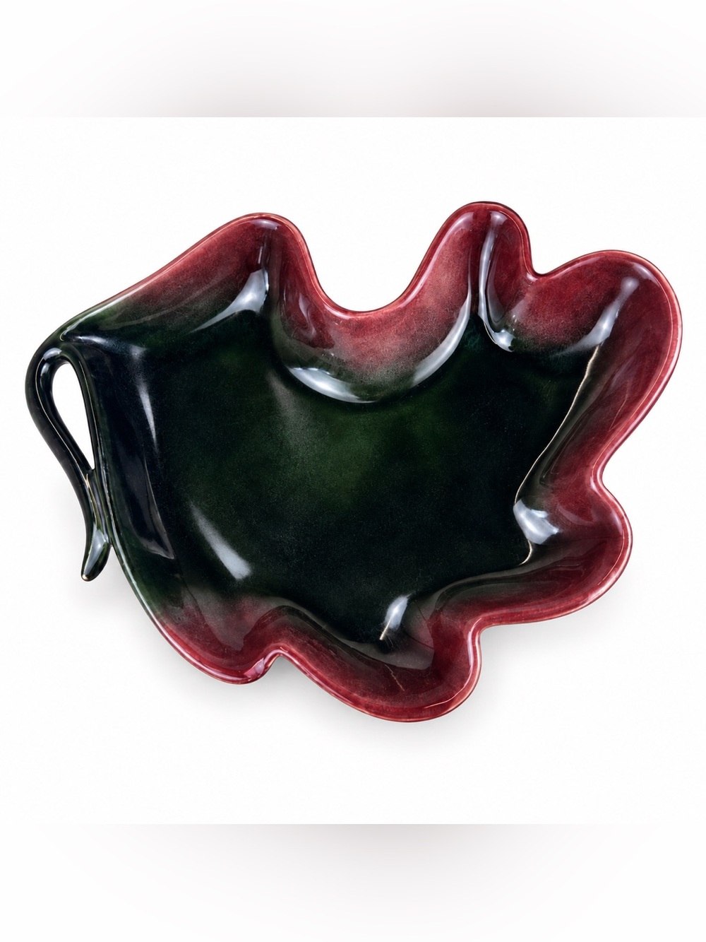Vintage Hull USA 85 Pottery Leaf Dish Burgundy Green Handled Serving Dish